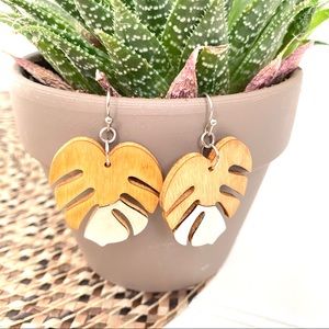 Wooden Monstera Leaf Drop Earrings